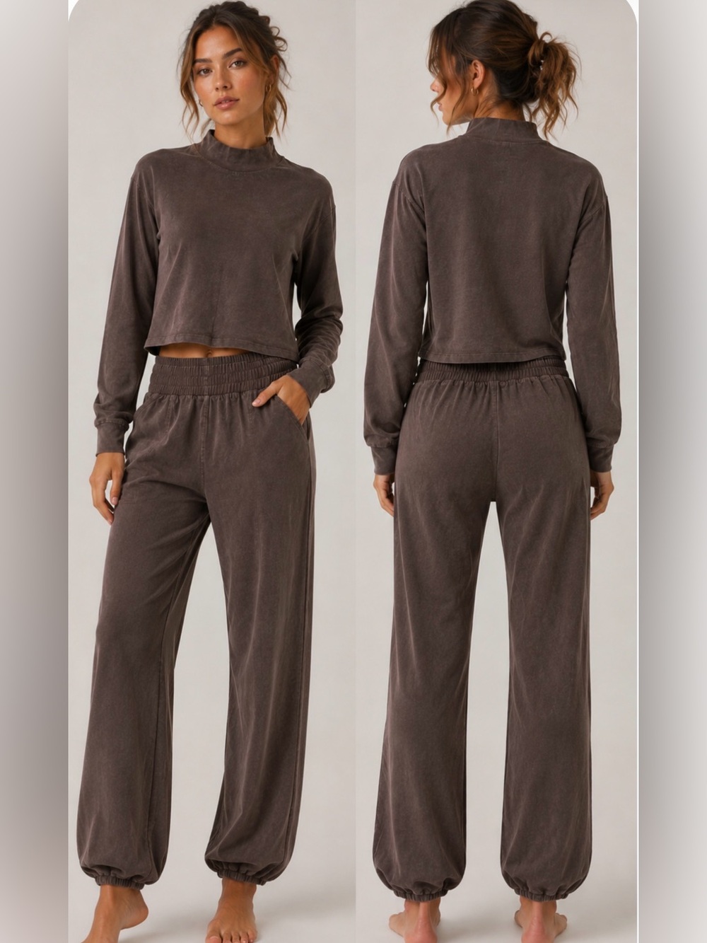 NWT SUNDRY Mineral Wash Mock Neck Top & Barrel Joggers Lounge Set - Brown S
